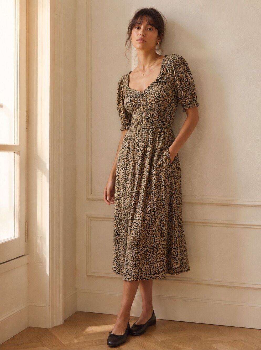 GAP Floral Smocked Puff Sleeve Midi Dress Black Khaki Ditsy Print Pockets NWT XS